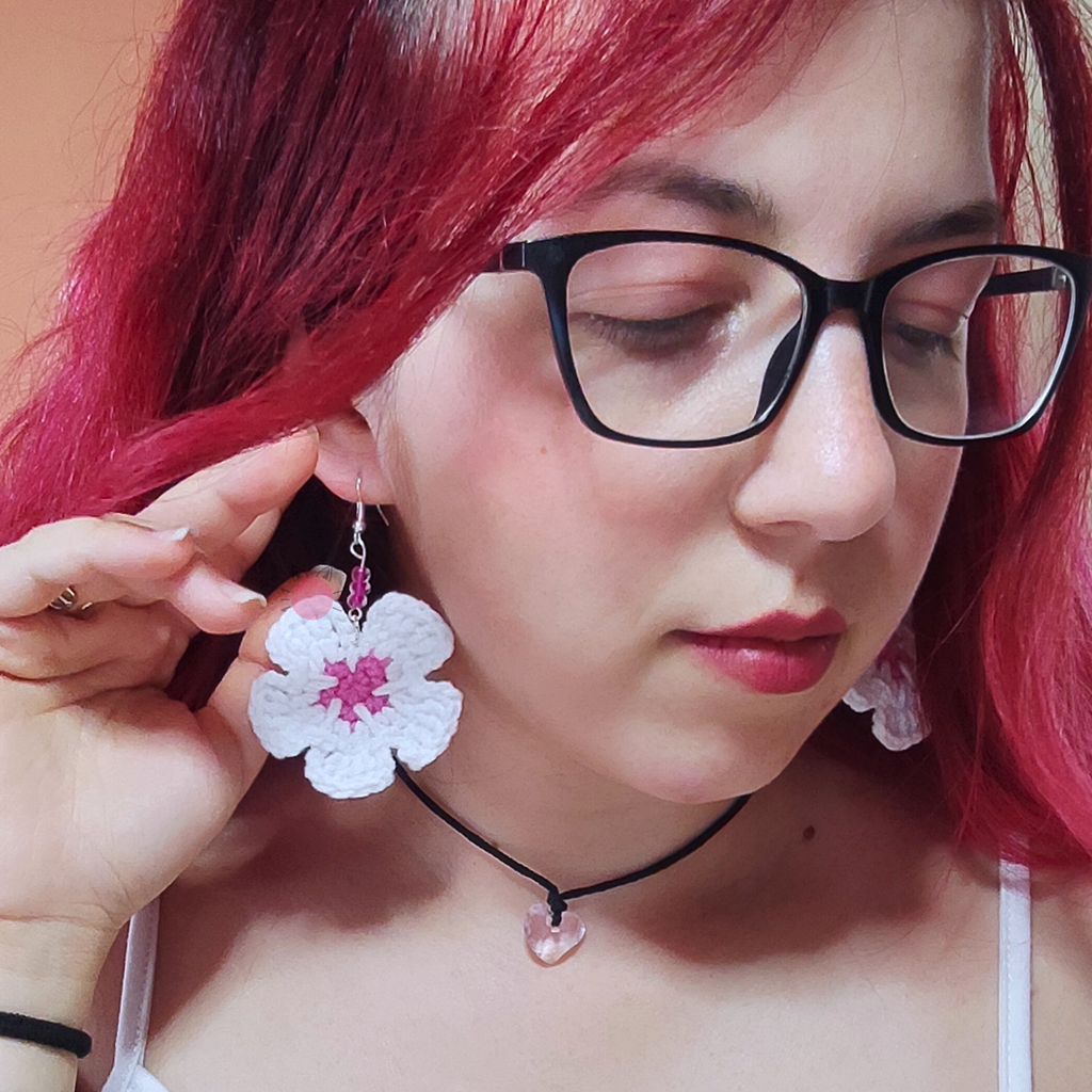handmade crochet flower earrings displayed on yarn