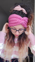 handmade chunky crochet headband worn by woman