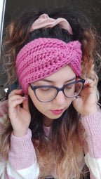 handmade chunky crochet headband worn by woman