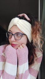 handmade chunky crochet headband worn by woman