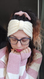 handmade chunky crochet headband worn by woman